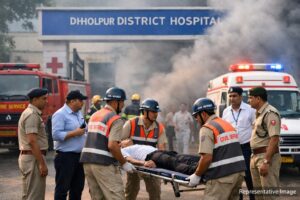 धौलपुर जिला अस्पताल में आग लगने की सूचना से हड़कंप मच गया। बाद में यह सूचना पूर्व नियोजित मॉक ड्रिल निकली। प्रशासनिक तैयारियों और आपदा प्रबंधन की हुई जांच।