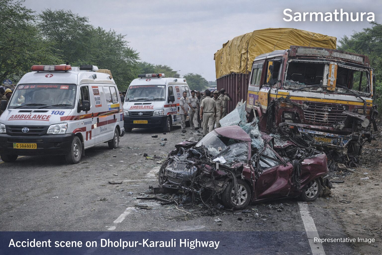 सरमथुरा क्षेत्र में भीषण सड़क हादसा, ट्रक-कार टक्कर में एक दर्जन से अधिक घायल